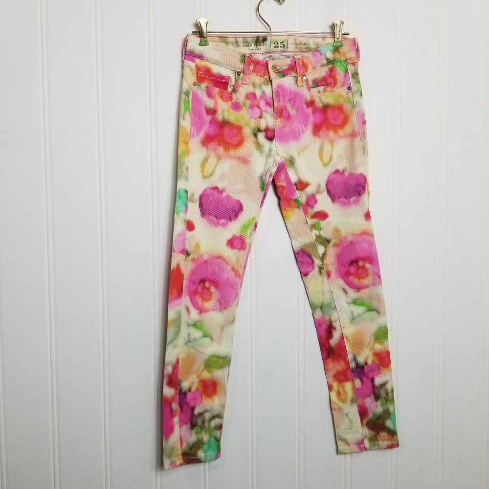 Kate Spade Broome St Watercolor Cropped Jeans Y2K Coquette Boho 25 - Picture 2 of 16